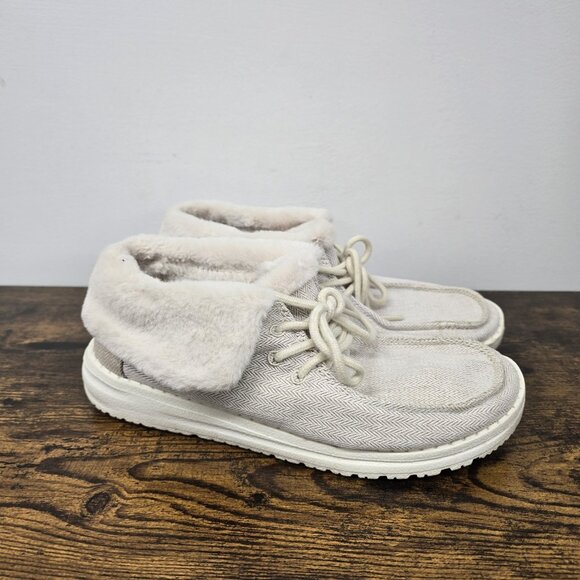 Hey Dude Britt Herringbone Cream Sneaker Boot Shoes Faux Fur Lace-up Size 6 - Picture 1 of 7